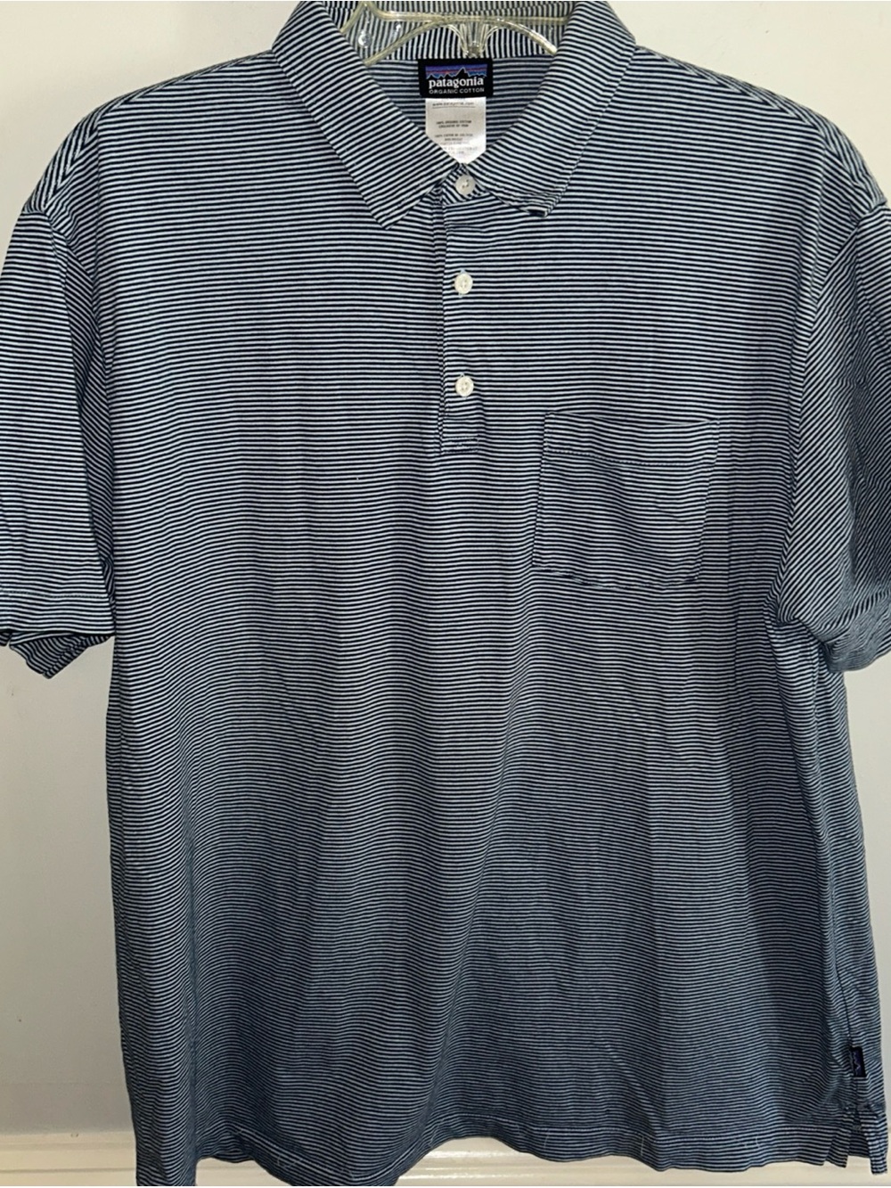 Patagonia Men’s Navy & White Mini Stripe Polo with Pocket